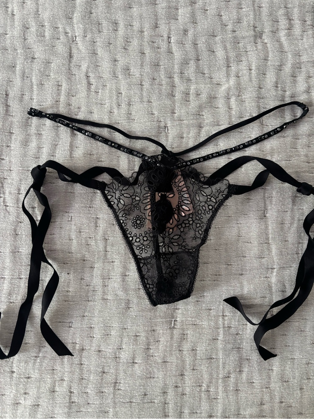 Victorias Secret Designer Collection black lace bling thong panty Large NWT